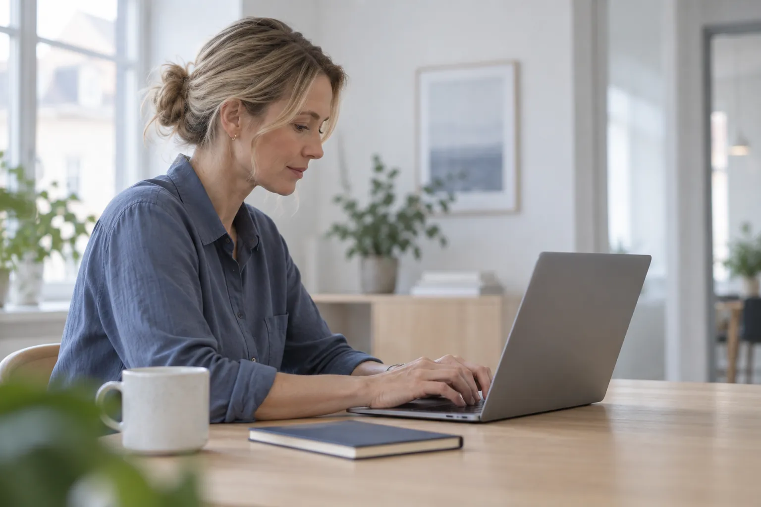 En kvinde forbereder en samtale ved sit arbejdsbord
